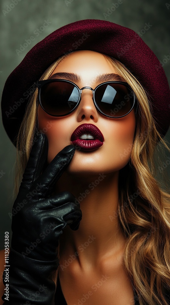 A glamorous woman with sunglasses, a red beret, and a black leather glove poses for a portrait. A glamorous woman with sunglasses, a red beret, and a black leather glove poses for a portrait.