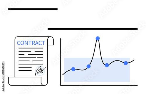 Contract paper with signature beside a line graph with data points showing fluctuations. Ideal for business, finance, analytics, contracts, data visualization, growth, and strategy. Dynamic line