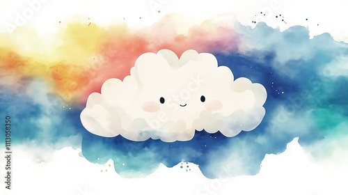 Cute white cloud with happy expression floats in colorful watercolor sky. Soft colors create dreamy, joyful mood. Perfect for kids decor, children books, whimsical designs. Illustration style cute, photo