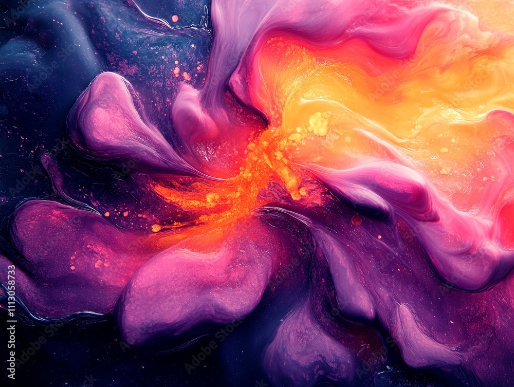 Obraz premium This is a vibrant, dynamic abstract digital artwork featuring a swirling mass of colors, predominantly purple, pink, orange, and yellow The background resembles dark space with scattered stars, enha