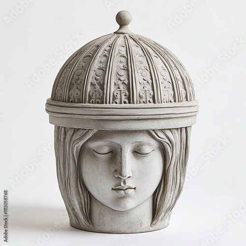 A gray stone sculpture of a woman's head with a dome-shaped lid. photo