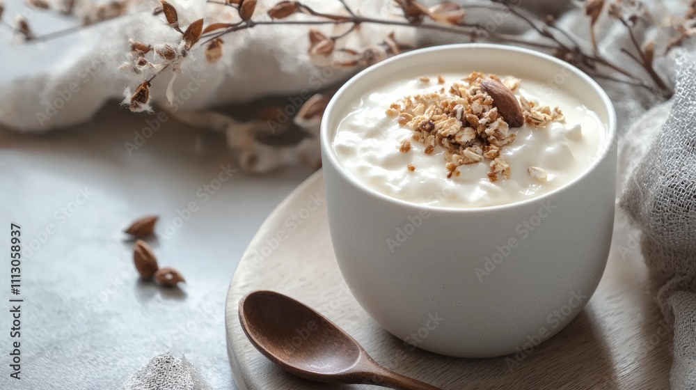 Yogurt bowl with granola and almonds in cozy setting Yogurt bowl with granola and almonds in cozy setting