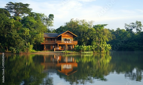 A serene wooden house surrounded by lush trees, reflecting beautifully in the calm water of a lake.