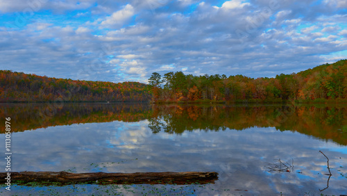 Vibrant colors of autumn forest and lake reflections at the park photo