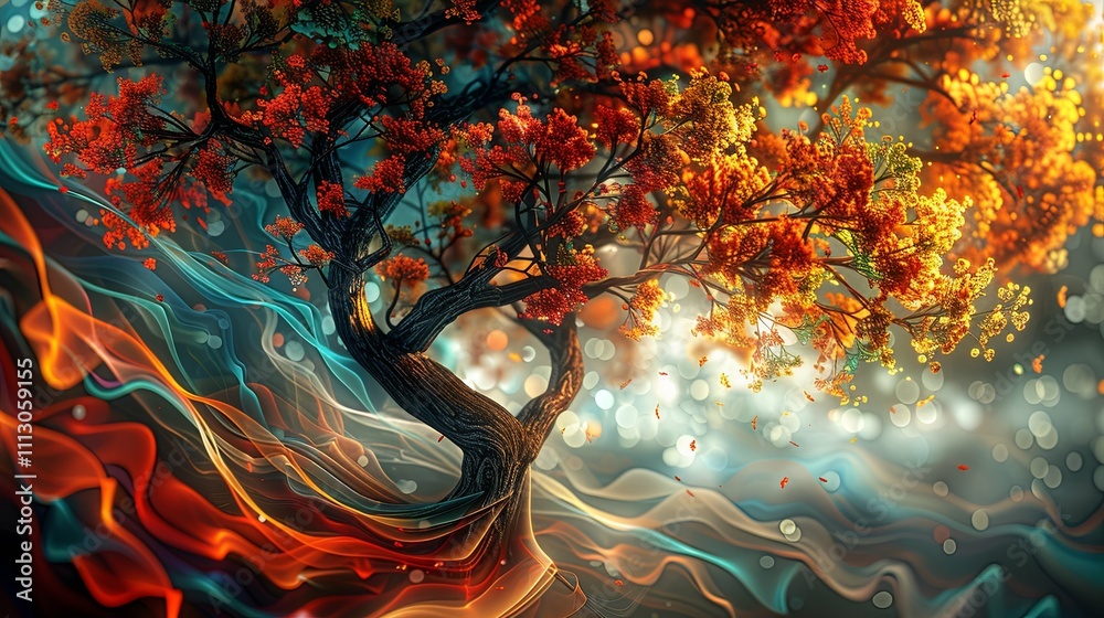 Dreamlike Autumnal Tree in a Swirling, Colorful Nebula Dreamlike Autumnal Tree in a Swirling, Colorful Nebula