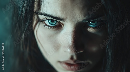 Closeup portrait of a young woman with intense blue eyes staring directly at the camera.