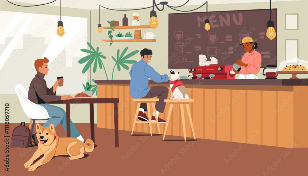 Fototapeta premium Male visitors with dogs friends resting in pet-friendly cafe with comfortable ecology space