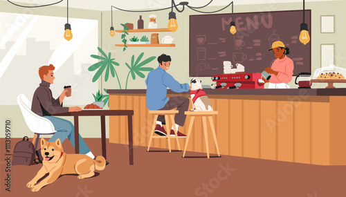 Male visitors with dogs friends resting in pet-friendly cafe with comfortable ecology space