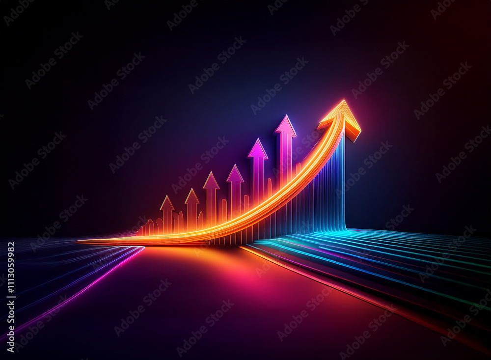 Neon arrows ascend in a vibrant upward curve, symbolizing growth and progress on a dark, futuristic background.  Lines converge, adding depth and dynamism.