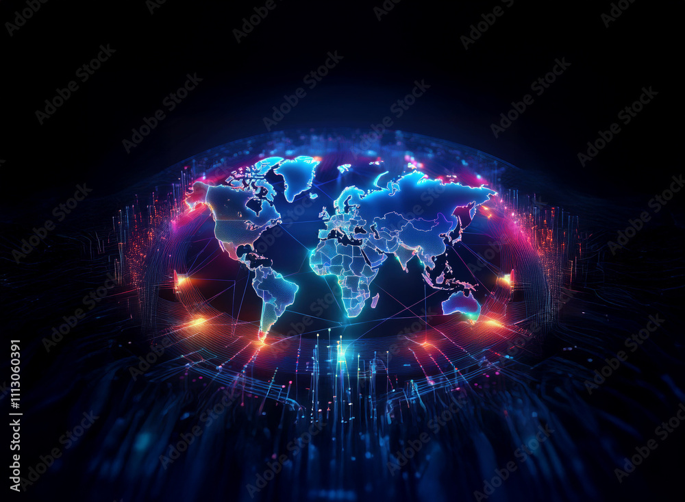 A vibrant, digital rendering of the world, glowing with interconnected nodes and lines of light, suggesting global connectivity and data flow. The colors are primarily blues, purples, and oranges. A vibrant, digital rendering of the world, glowing with interconnected nodes and lines of light, suggesting global connectivity and data flow. The colors are primarily blues, purples, and oranges.
