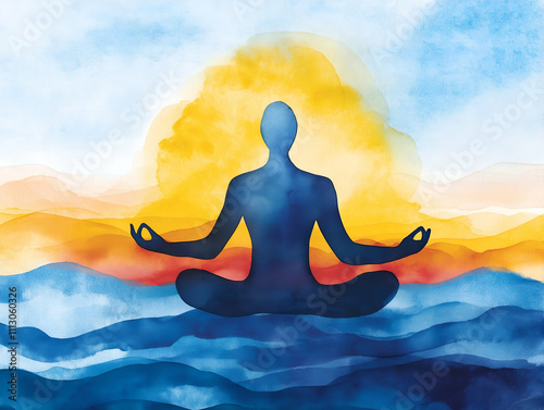 A serene silhouette meditating over tranquil waves, with a vibrant sunrise in the background, symbolizing peace and mindfulness.