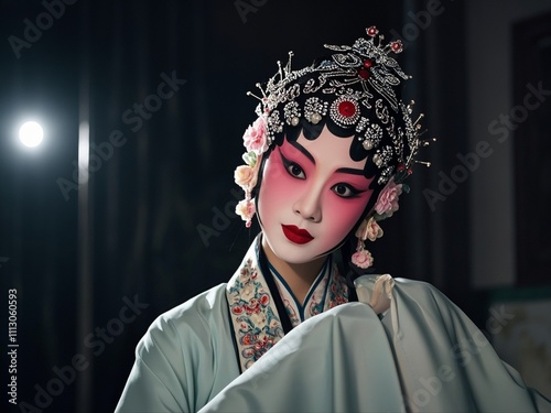 closeup Asian Chinese  charming costume Peking opera actor performing . photo