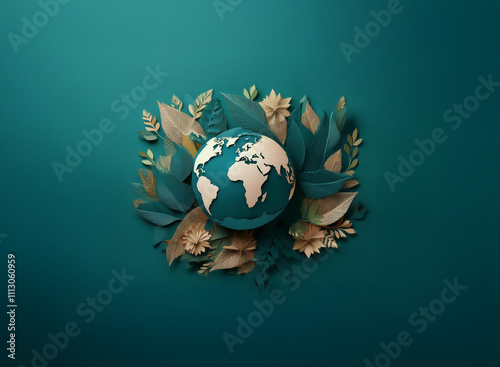 A papercrafted Earth globe nestled amongst teal and beige leaves and flowers on a teal background.  Symbolic of environmentalism and nature. photo