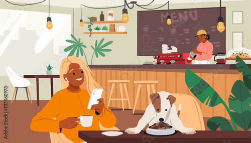 Woman and her dog visiting pet-friendly cafe with ecology space cozy environment vector illustration