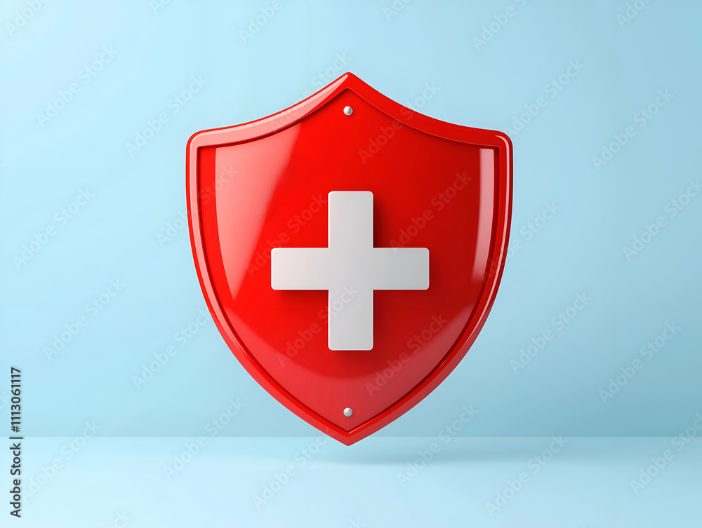 A glossy red shield with a white cross, symbolizing health and safety, against a light blue background. A glossy red shield with a white cross, symbolizing health and safety, against a light blue background.