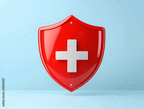 A glossy red shield with a white cross, symbolizing health and safety, against a light blue background.