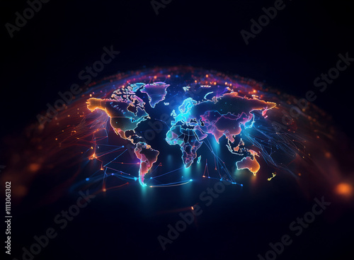 A vibrant, glowing digital world map.  Interconnected nodes represent global networks and data flow.  The continents are outlined in luminous colors, creating a futuristic, interconnected visualizatio photo