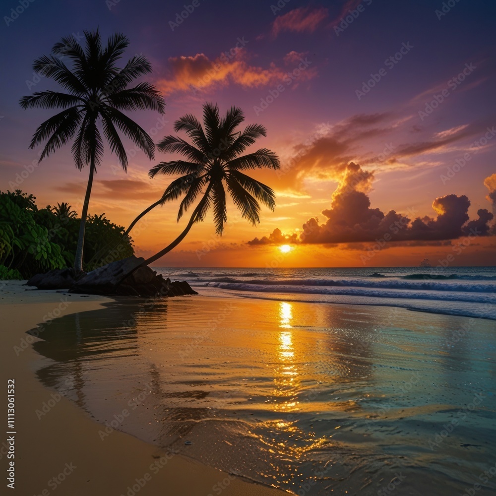 Tropical sunset over a calm beach with palm trees.