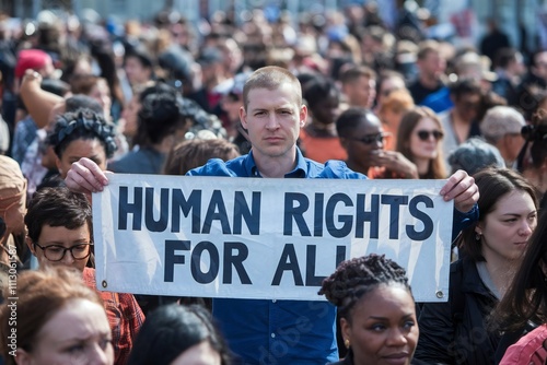 Human rights protest with diverse crowd holding advocacy banner photo