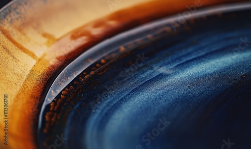 An upclose view of a handthrown plate displaying a mesmerizing blend of deep blue and warm amber glazes that create a stunning gradient effect. photo