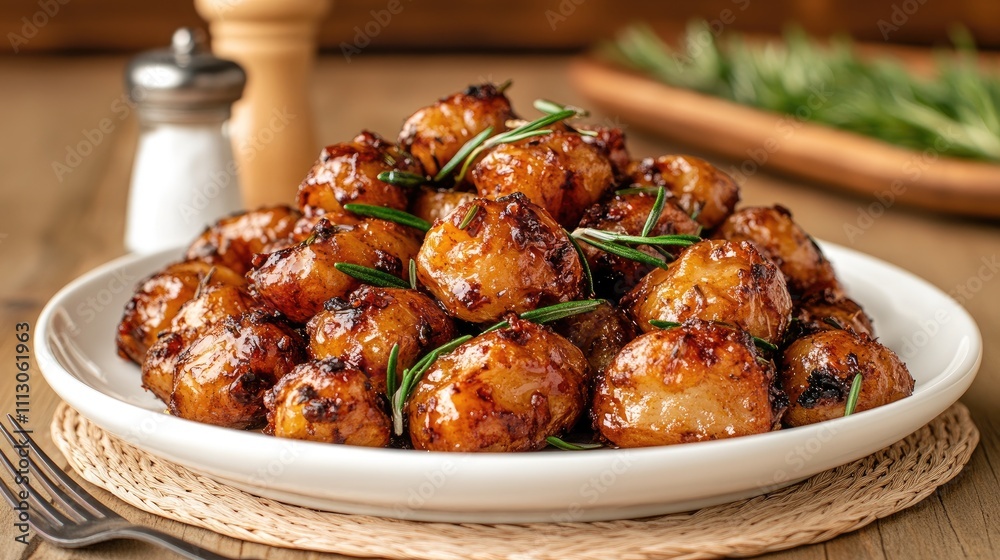 Crispy fried potatoes seasoned with rosemary served on a white plate, accompanied by olive oil and a pepper mill on a rustic table Crispy fried potatoes seasoned with rosemary served on a white plate, accompanied by olive oil and a pepper mill on a rustic table