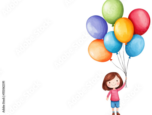 A cheerful girl holding colorful balloons, radiating joy and playfulness against a white background, on transparent background