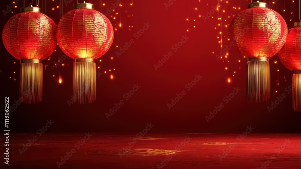 Fototapeta premium Red lanterns hanging against a vibrant red background, symbolizing celebration.