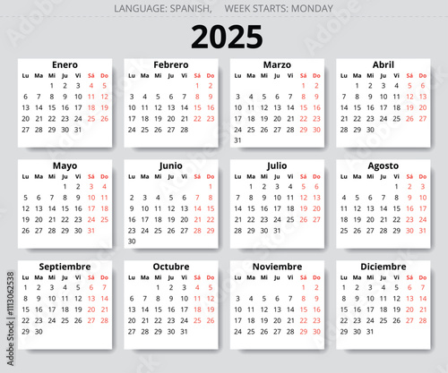 Spanish 2025 year annual business monthly calendar. Printable vector illustration Spain