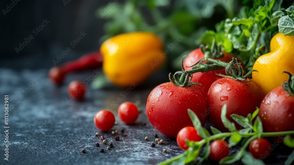 Fresh tomatoes and peppers with herbs on dark background Fresh tomatoes and peppers with herbs on dark background