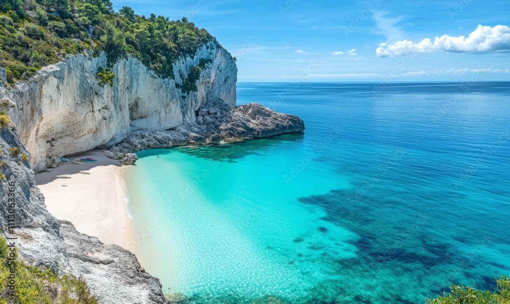 Coastal cliffs overlooking expansive turquoise waters and a pristine sandy beach. Coastal cliffs overlooking expansive turquoise waters and a pristine sandy beach.