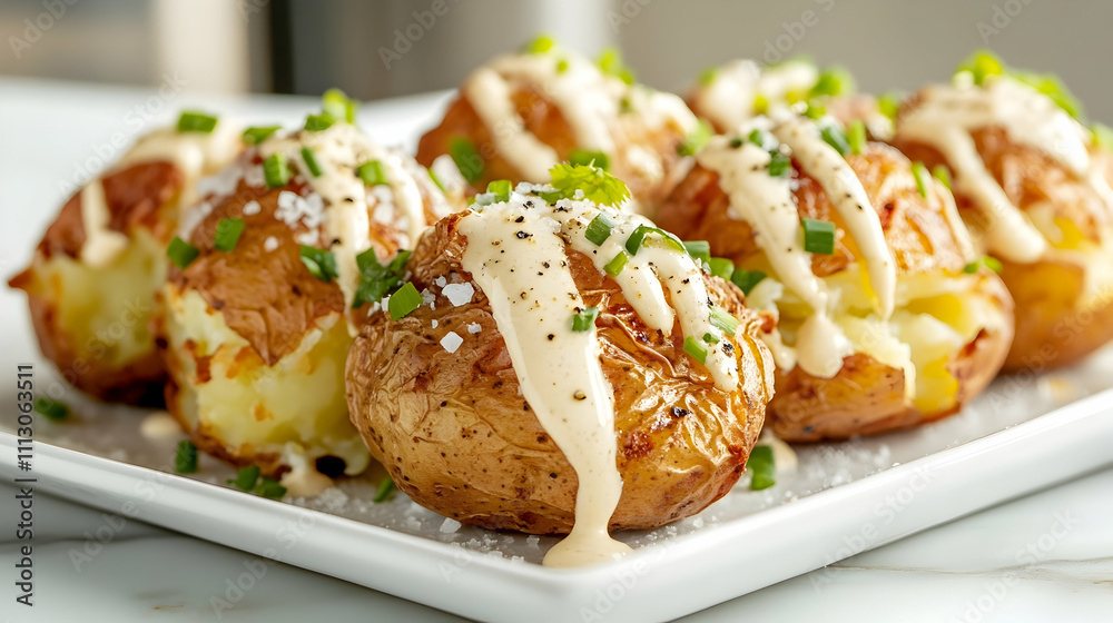 Crispy Smashed Potatoes with Garlic Aioli and Fresh Herbs, Side Dish Photography Crispy Smashed Potatoes with Garlic Aioli and Fresh Herbs, Side Dish Photography