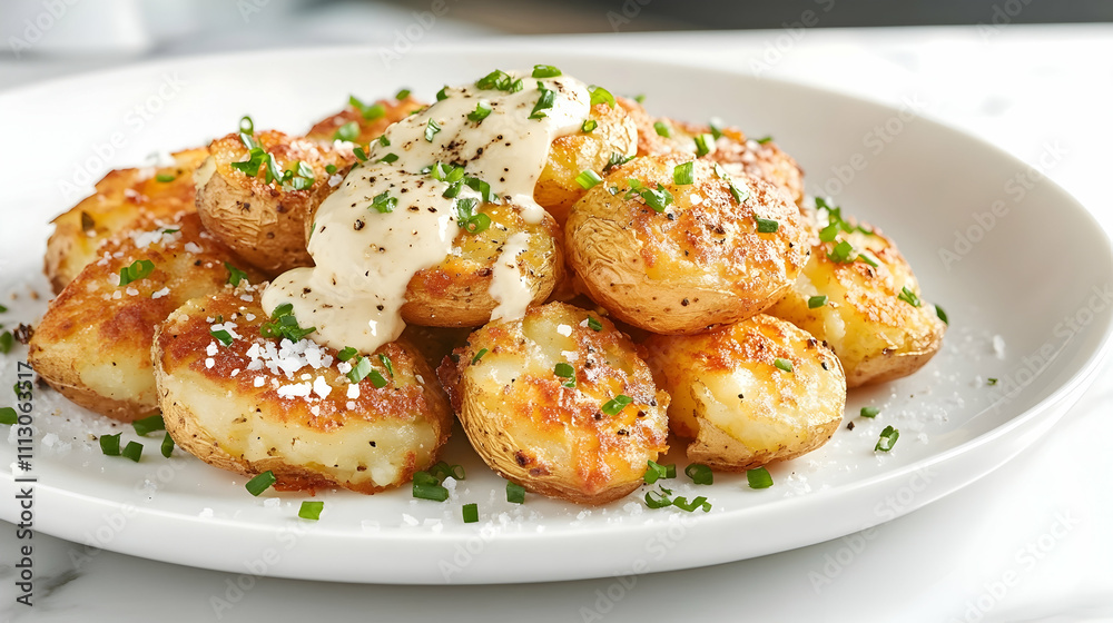 Crispy Smashed Potatoes with Garlic Aioli and Fresh Herbs, Side Dish Photography Crispy Smashed Potatoes with Garlic Aioli and Fresh Herbs, Side Dish Photography
