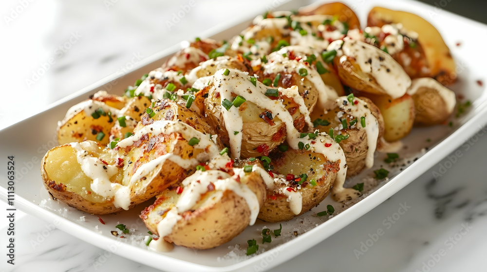 Crispy Smashed Potatoes with Garlic Aioli and Fresh Herbs, Side Dish Photography Crispy Smashed Potatoes with Garlic Aioli and Fresh Herbs, Side Dish Photography