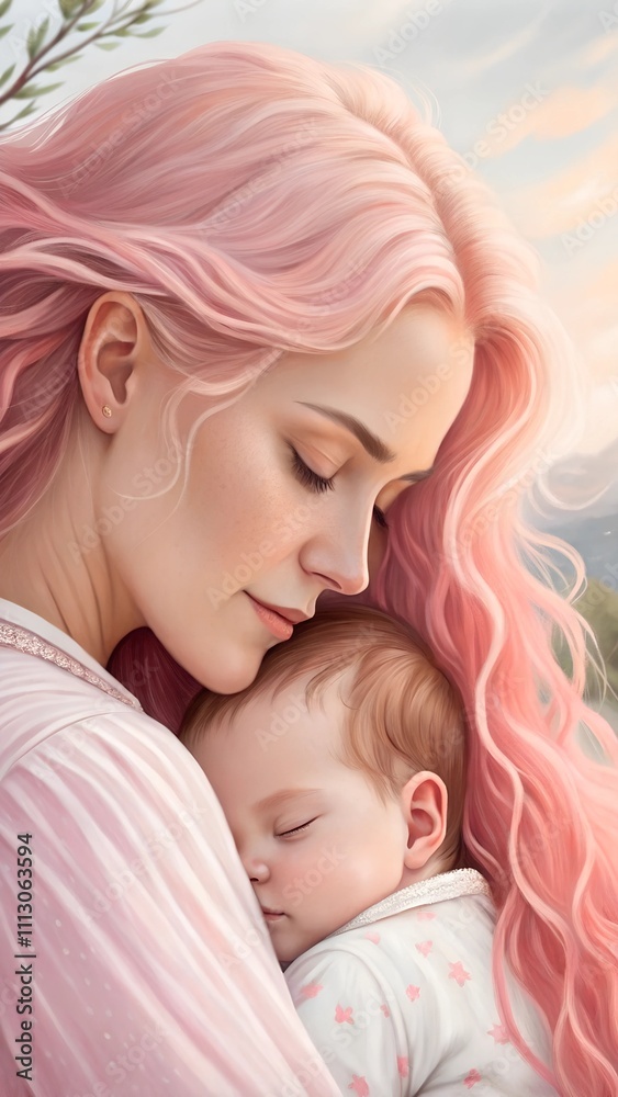 A stunning 12k high-definition oil painting, capturing a tender and intimate moment between a mother and her baby. The mother, her flowing pink hair resembling waves, delicately cradles her child. A stunning 12k high-definition oil painting, capturing a tender and intimate moment between a mother and her baby. The mother, her flowing pink hair resembling waves, delicately cradles her child.