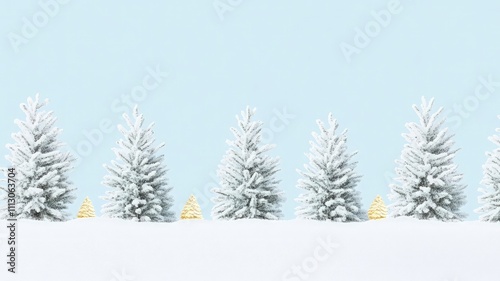 A serene winter landscape with snow-covered trees and a light blue sky.