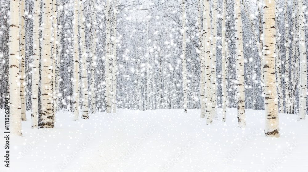 Fototapeta premium Birch trees stand in a quiet winter forest during a gentle snowfall.