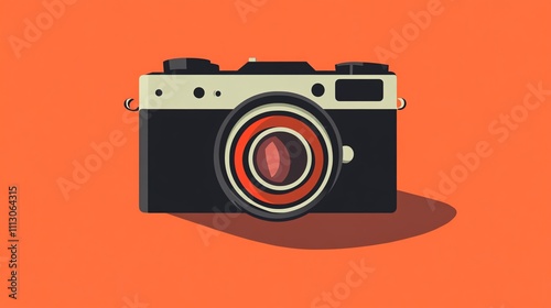 A retro camera with a red lens in front of an orange background.