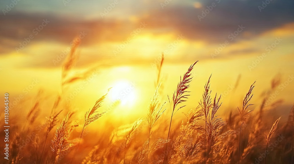 Golden Sunset Over Tall Grass Field Golden Sunset Over Tall Grass Field
