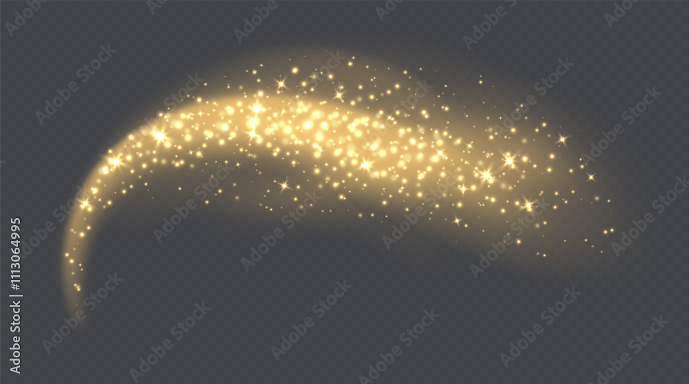 Golden magic cloud with sparkles, stardust sparkling decoration. Glowing glitter smoke trail. Christmas vector illustration.