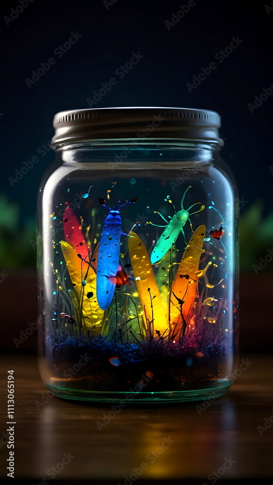 Collection of colorful insects and plants in transparent glass jar closed or covered with a metal lid. Collection of colorful insects and plants in transparent glass jar closed or covered with a metal lid.
