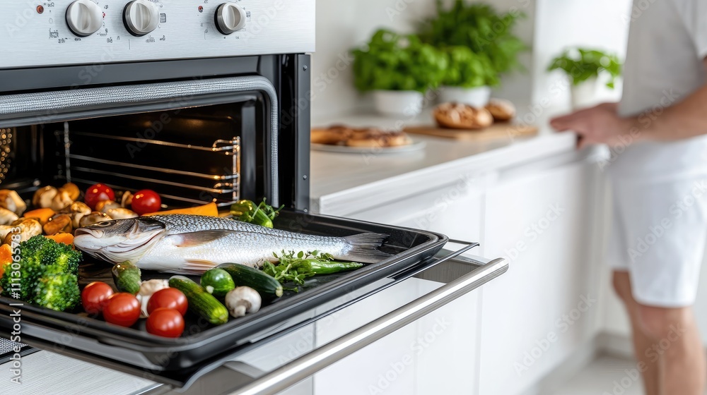 Fish fillets and assorted garden vegetables are ready to be served from an electric oven, showcasing a modern kitchen setup Fish fillets and assorted garden vegetables are ready to be served from an electric oven, showcasing a modern kitchen setup