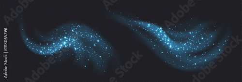 Blue magic cloud with sparkles, stardust sparkling decoration. Glowing glitter smoke trail. Christmas vector illustration.