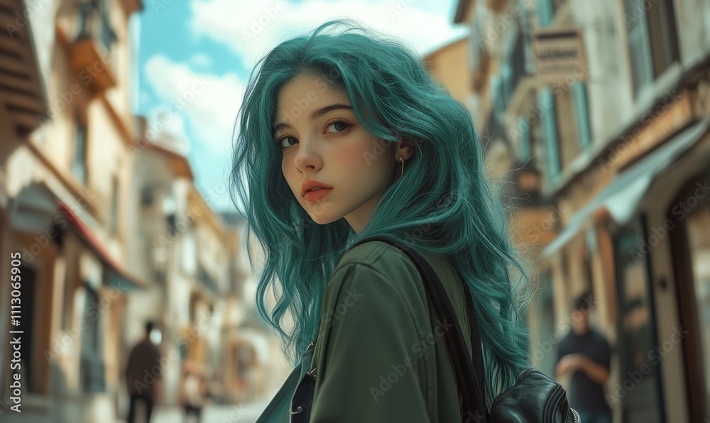 A young woman with teal hair stands confidently in a vibrant, picturesque town, exuding a blend of modern style and classic charm.