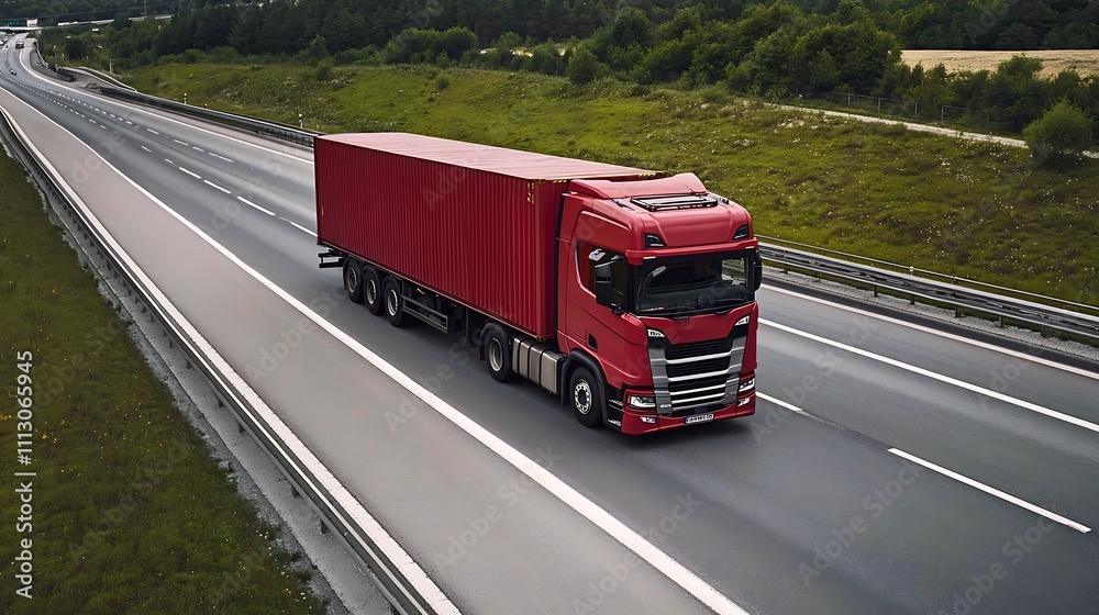 . Red semi-truck speeding on highway. . Red semi-truck speeding on highway.
