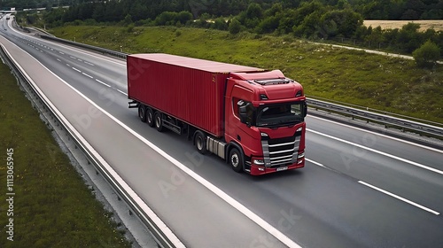 . Red semi-truck speeding on highway.