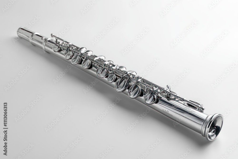Fototapeta premium A silver flute rests on a white background, showcasing its gleaming surface and intricate details.