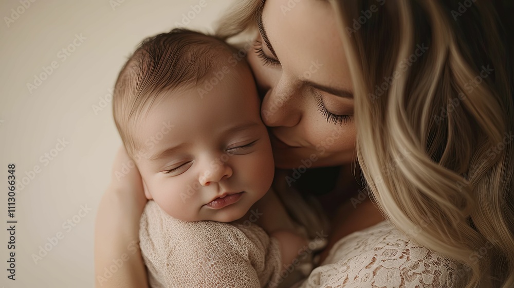 Mother lovingly kisses sleeping newborn baby Mother lovingly kisses sleeping newborn baby