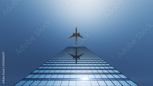 A jet flying above a scyscraper high above