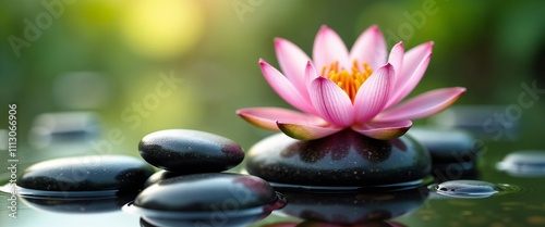 A beautiful pink lotus flower rests peacefully on smooth Zen stones, surrounded by lush greenery. This image evokes feelings of tranquility, balance, and natural harmony.

