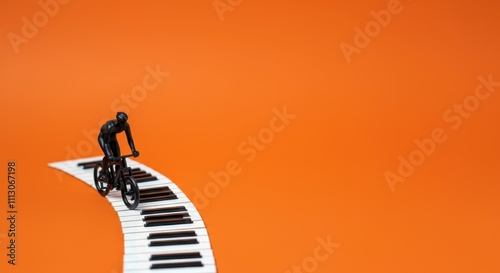 Miniature cyclist on road made of piano keys, against orange background
